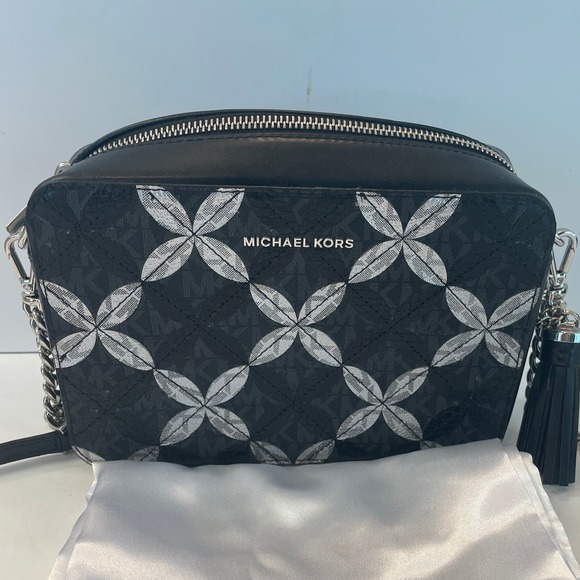 Michael Kors Handbags - NWT! Michael Kors Crossbody MD Camera Bag Black/Silver Floral Monogram